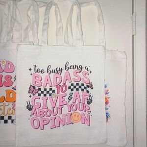Playful White and Pink Tote Bag with Handwritten Design
